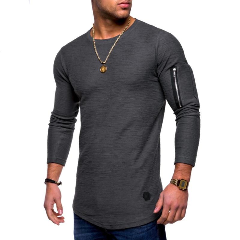 Men's long-sleeved cotton bodybuilding T-shirt in solid color, perfect for spring and summer workouts.