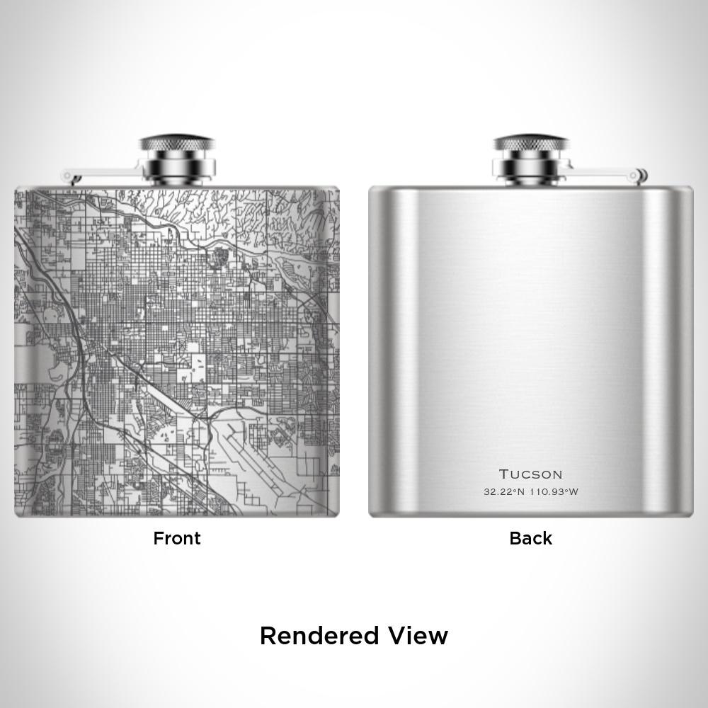 Custom engraved Tucson Arizona map hip flask with canvas bag and funnel.