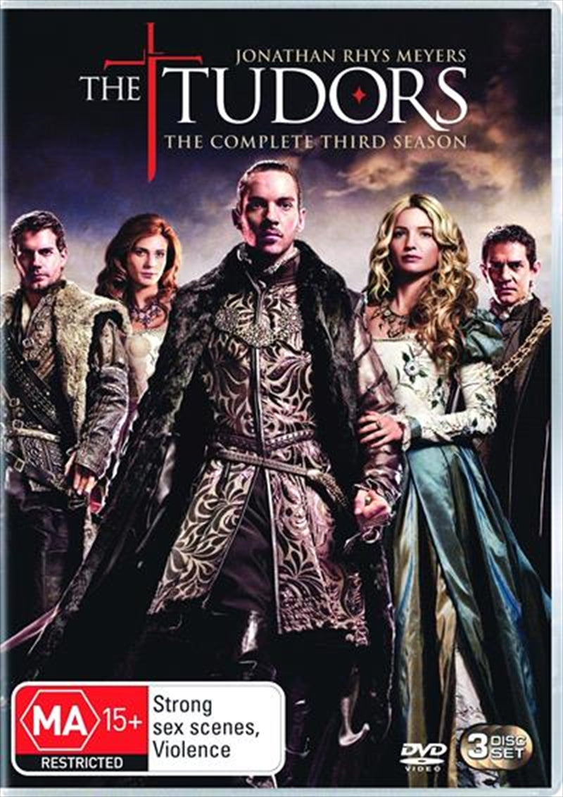 Tudors Complete Season 03 DVD cover featuring King Henry VIII and Jane Seymour, showcasing dramatic historical themes.