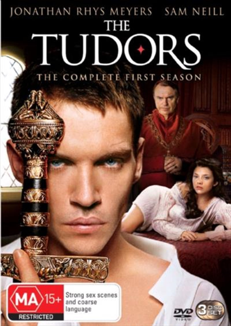 The Tudors Complete Season 01 DVD box set featuring King Henry VIII and iconic characters from the series.