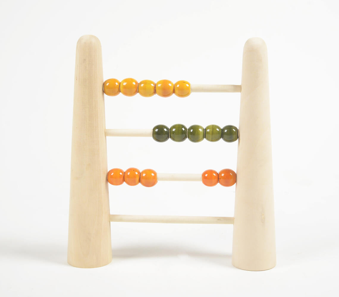 Colorful Turned & Lacquered Acacia Wood Abacus for kids, showcasing handcrafted beads and natural wood grain.