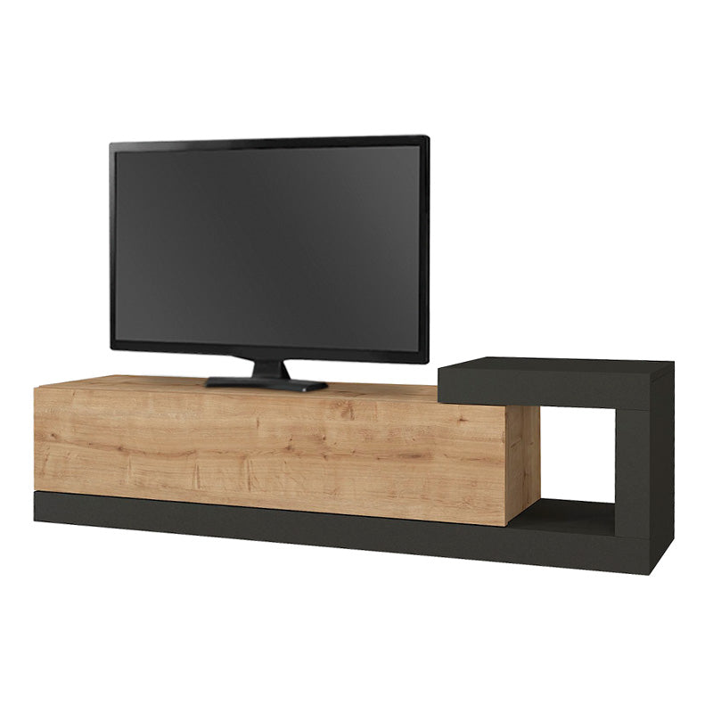 Wall-mounted TV Cabinet PURE Oak in anthracite finish, showcasing its sleek design and dimensions.