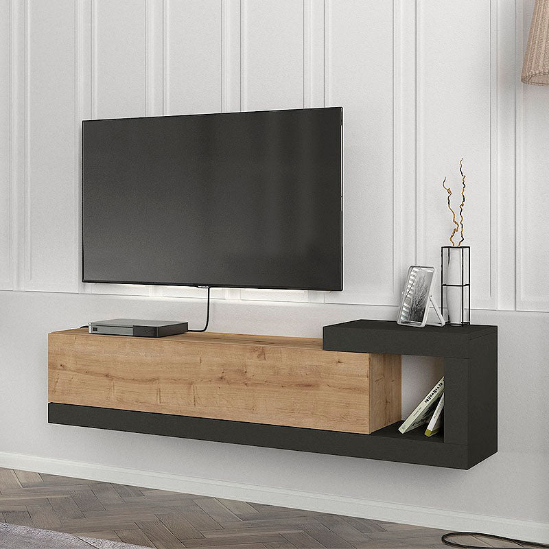 Wall-mounted TV Cabinet PURE Oak in anthracite finish, showcasing its sleek design and dimensions.