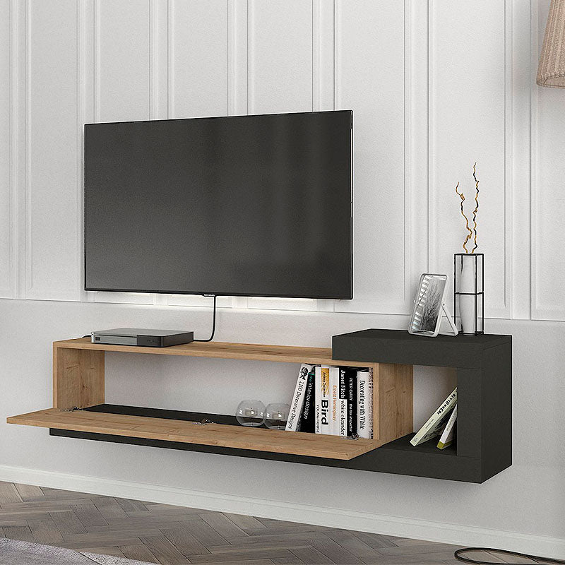 Wall-mounted TV Cabinet PURE Oak in anthracite finish, showcasing its sleek design and dimensions.