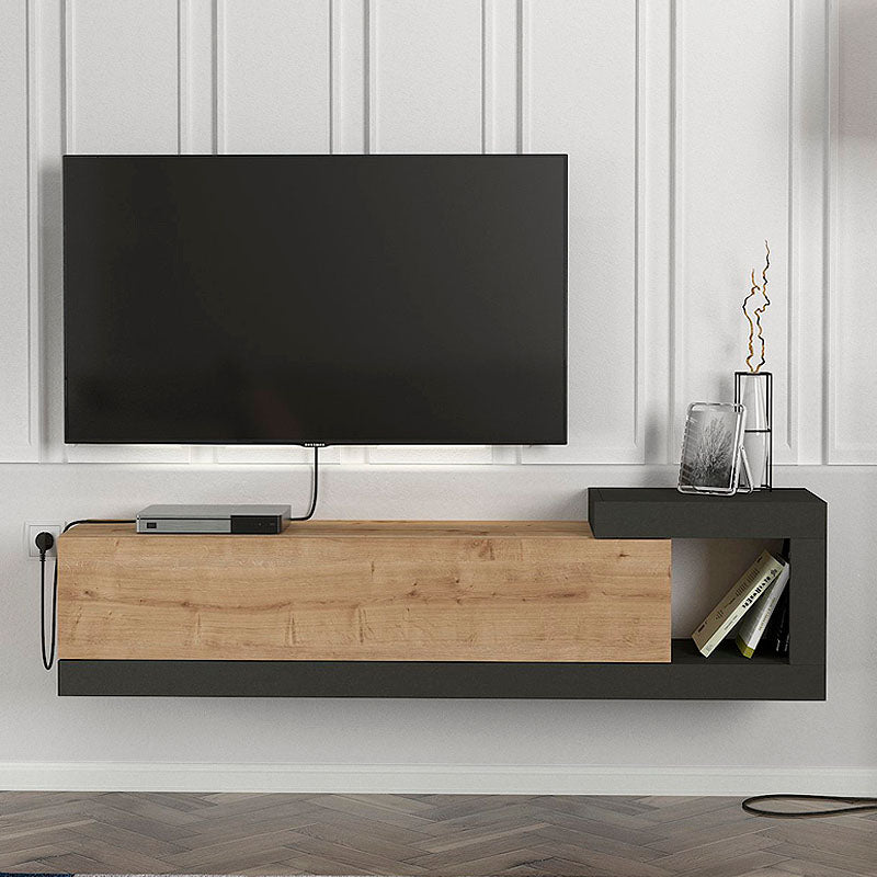 Wall-mounted TV Cabinet PURE Oak in anthracite finish, showcasing its sleek design and dimensions.