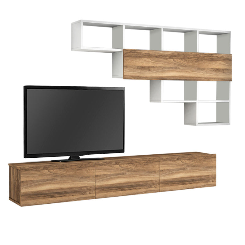 CLAUDIA TV furniture set in walnut and white, wall-mounted design, showcasing modern aesthetics and functionality.