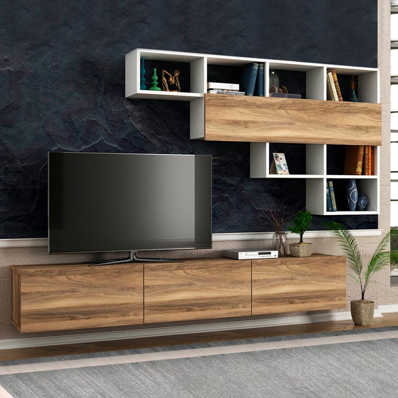 CLAUDIA TV furniture set in walnut and white, wall-mounted design, showcasing modern aesthetics and functionality.