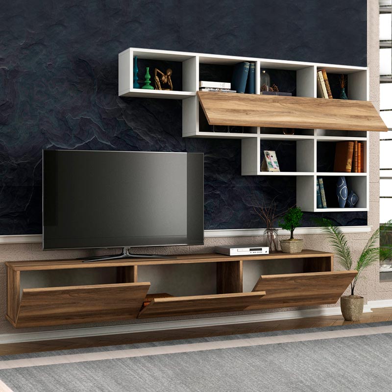 CLAUDIA TV furniture set in walnut and white, wall-mounted design, showcasing modern aesthetics and functionality.