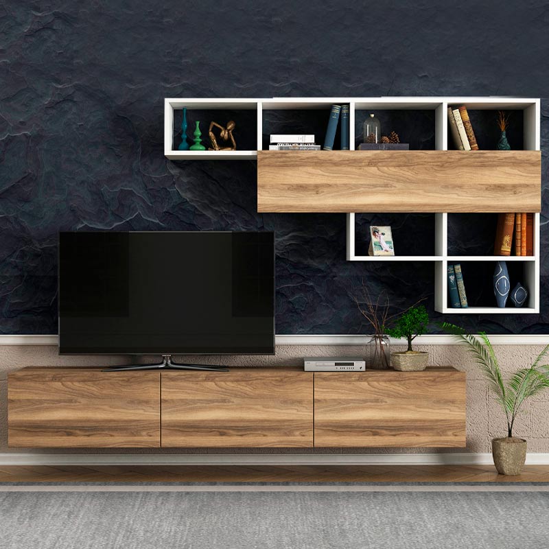 CLAUDIA TV furniture set in walnut and white, wall-mounted design, showcasing modern aesthetics and functionality.