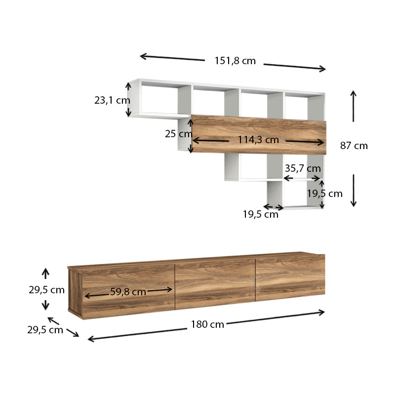 CLAUDIA TV furniture set in walnut and white, wall-mounted design, showcasing modern aesthetics and functionality.