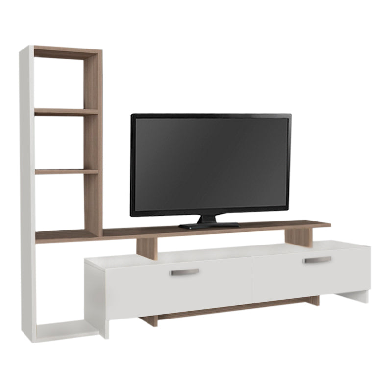 MIKE TV Furniture Set in white and Cordoba finish with LED lighting, showcasing modern design and spacious dimensions.