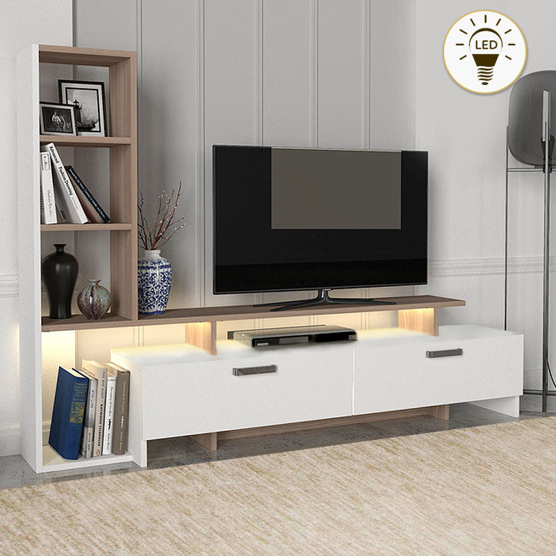 MIKE TV Furniture Set in white and Cordoba finish with LED lighting, showcasing modern design and spacious dimensions.