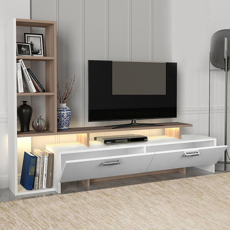 MIKE TV Furniture Set in white and Cordoba finish with LED lighting, showcasing modern design and spacious dimensions.