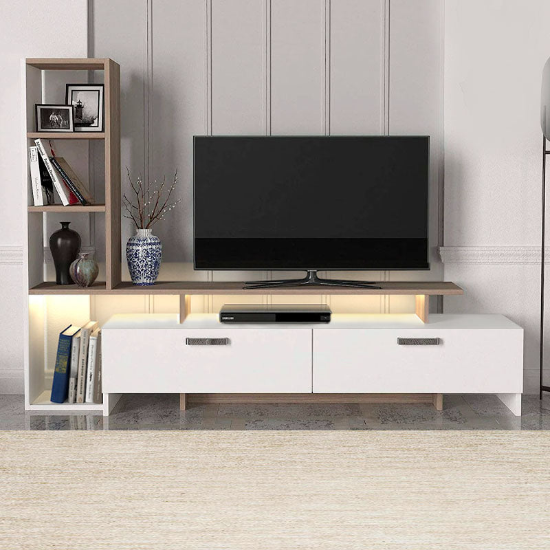 MIKE TV Furniture Set in white and Cordoba finish with LED lighting, showcasing modern design and spacious dimensions.