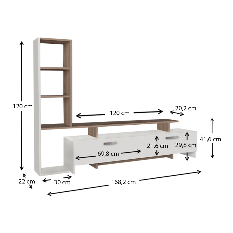 MIKE TV Furniture Set in white and Cordoba finish with LED lighting, showcasing modern design and spacious dimensions.