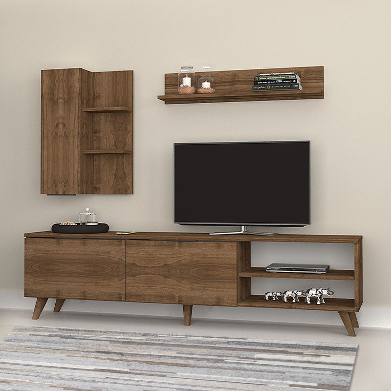 ORION Walnut TV furniture set featuring a TV unit, wall shelf, and hanging cabinet in a modern design.