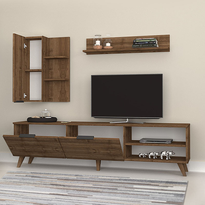 ORION Walnut TV furniture set featuring a TV unit, wall shelf, and hanging cabinet in a modern design.