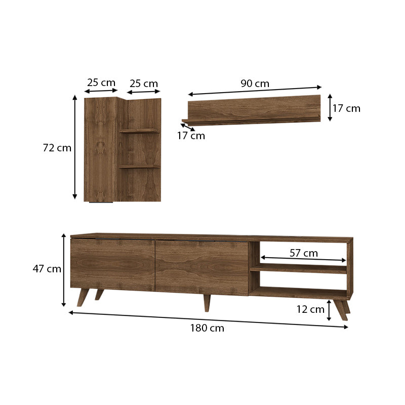 ORION Walnut TV furniture set featuring a TV unit, wall shelf, and hanging cabinet in a modern design.