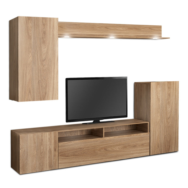 PERI Oak TV Furniture Set in honey oak finish, showcasing its sleek design and ample storage space.