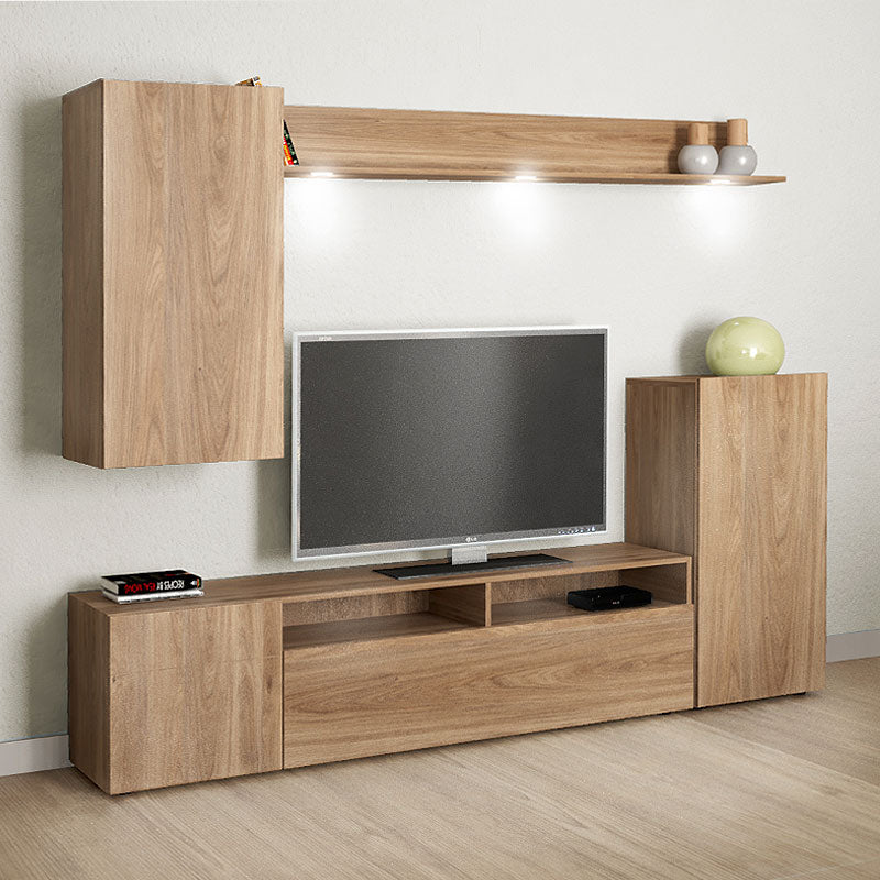 PERI Oak TV Furniture Set in honey oak finish, showcasing its sleek design and ample storage space.