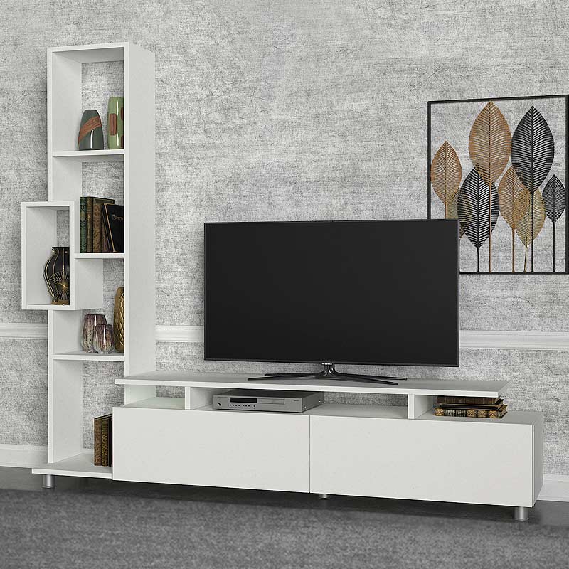 MONTREAL TV set in white melamine, featuring a sleek design and spacious surface for media devices.