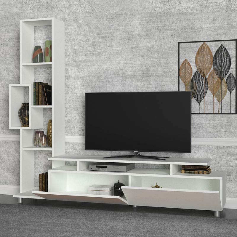 MONTREAL TV set in white melamine, featuring a sleek design and spacious surface for media devices.