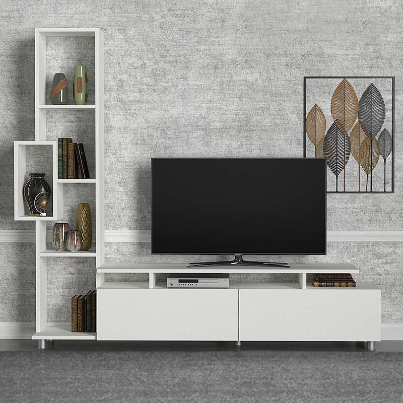 MONTREAL TV set in white melamine, featuring a sleek design and spacious surface for media devices.