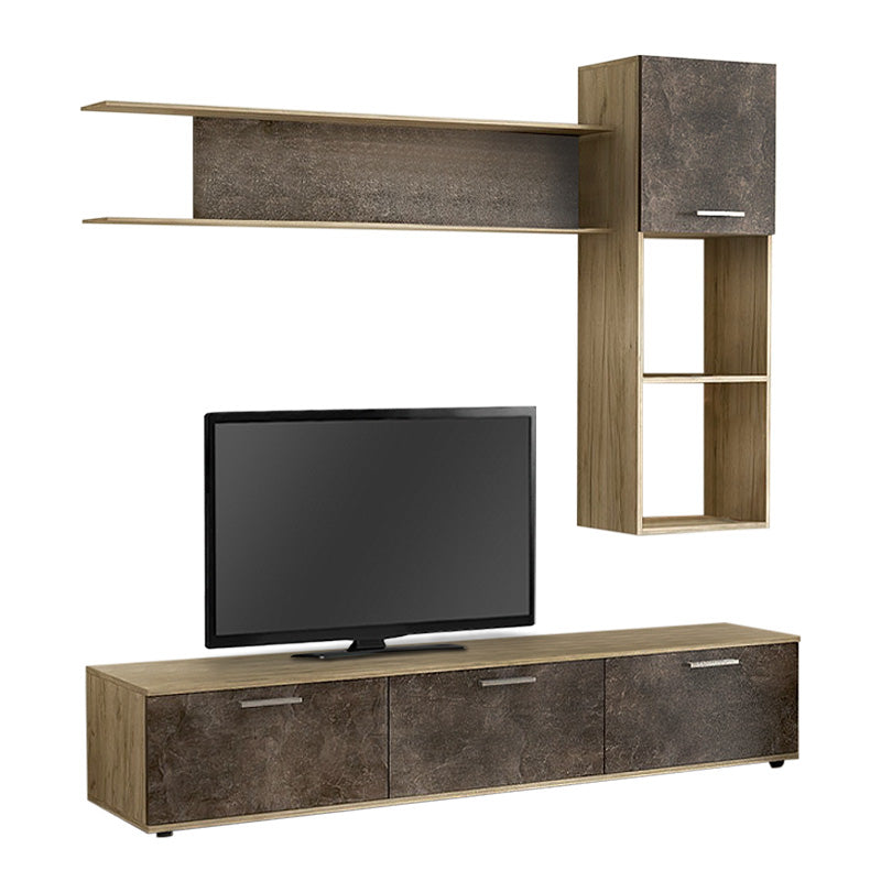 ORLANDO TV set in melamine grey oak featuring a TV stand, shelving unit, and wall cabinet, showcasing a modern design.