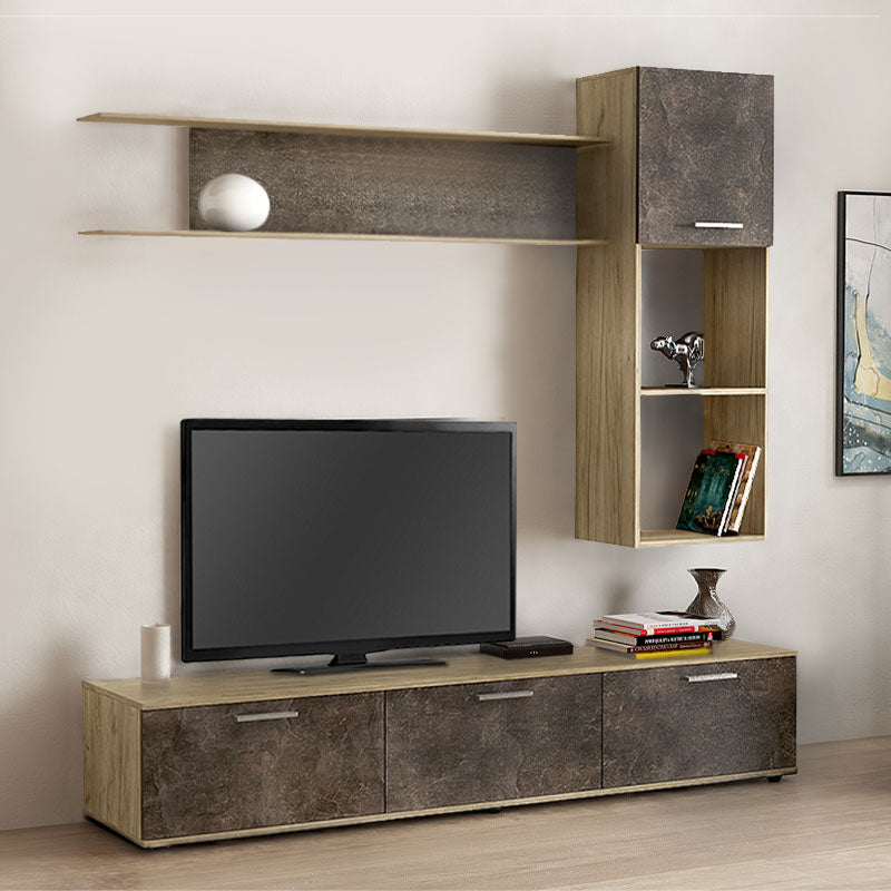 ORLANDO TV set in melamine grey oak featuring a TV stand, shelving unit, and wall cabinet, showcasing a modern design.