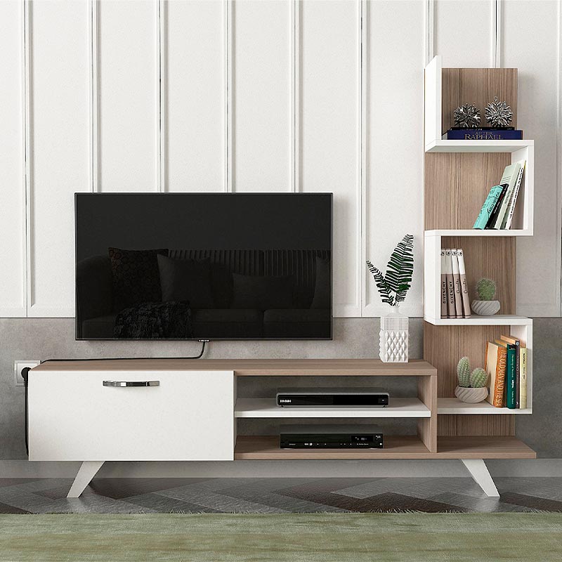 ALADIN White TV Stand with Cordoba finish, showcasing its sleek design and spacious surface area.