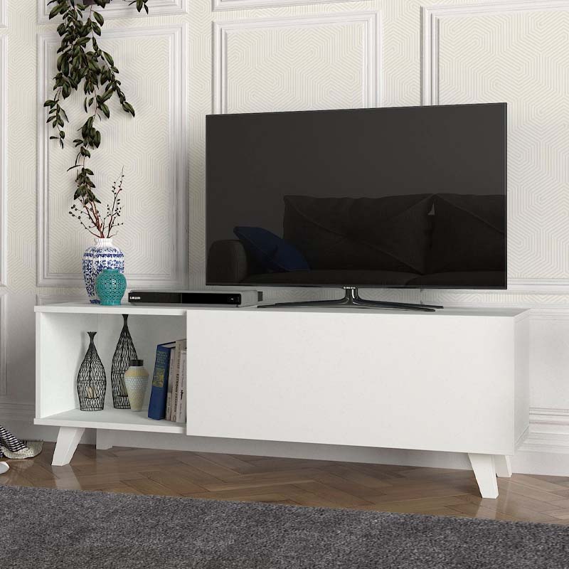 White TV Stand ALIAS made of melamine, featuring a sleek design and sturdy construction, ideal for home and office use.