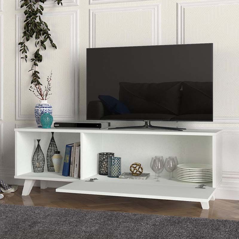 White TV Stand ALIAS made of melamine, featuring a sleek design and sturdy construction, ideal for home and office use.