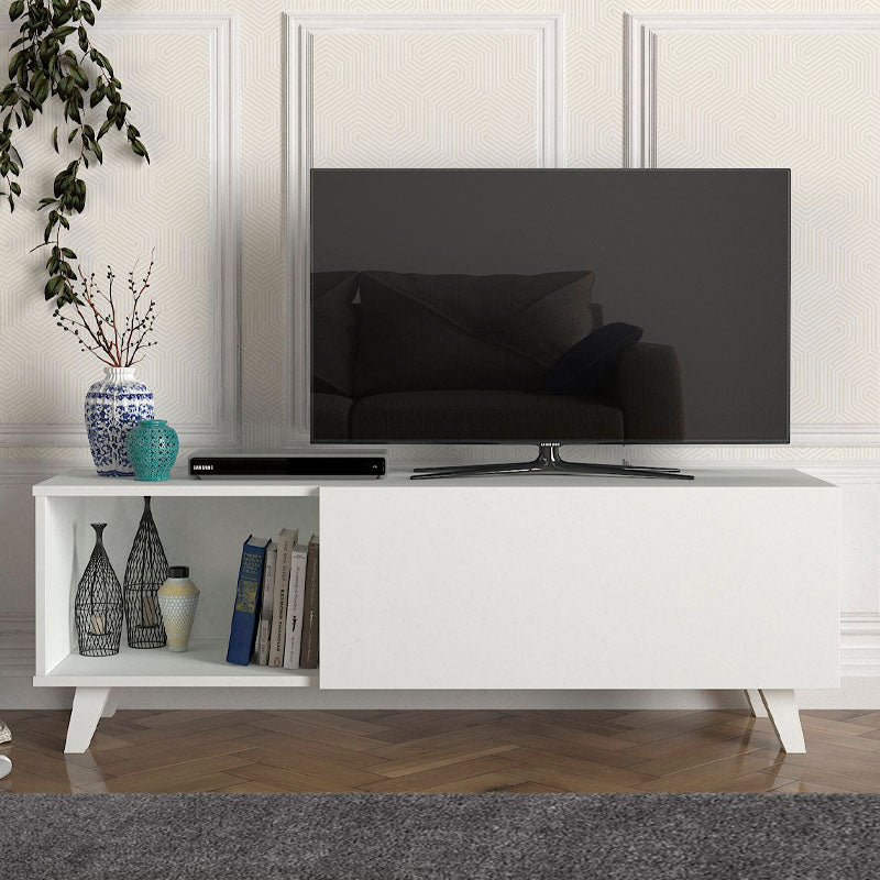 White TV Stand ALIAS made of melamine, featuring a sleek design and sturdy construction, ideal for home and office use.