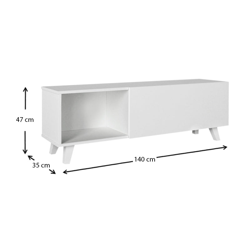 White TV Stand ALIAS made of melamine, featuring a sleek design and sturdy construction, ideal for home and office use.