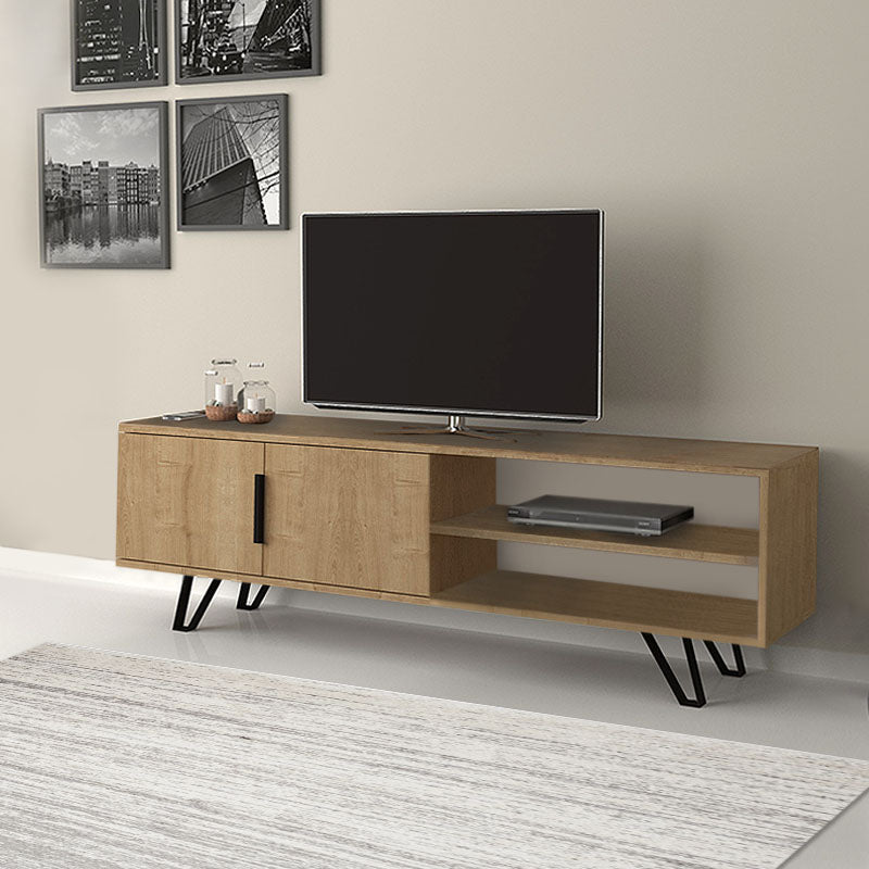 AMINA TV Stand in sonoma finish, featuring a double-leaf cabinet and two shelves, supported by metal legs.