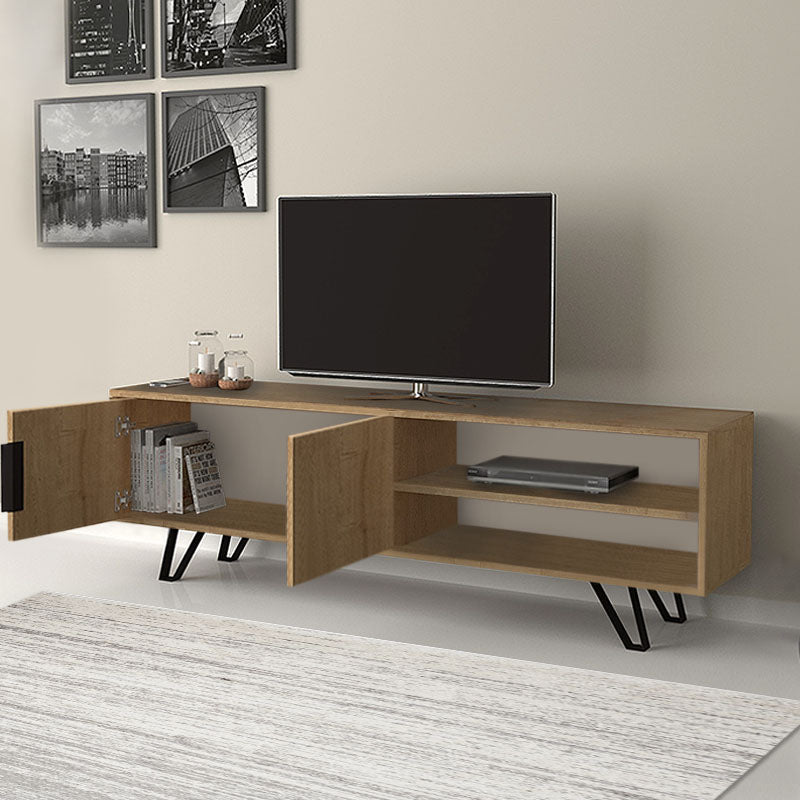 AMINA TV Stand in sonoma finish, featuring a double-leaf cabinet and two shelves, supported by metal legs.