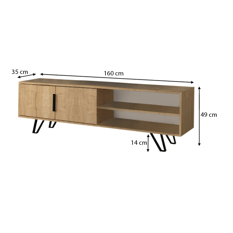 AMINA TV Stand in sonoma finish, featuring a double-leaf cabinet and two shelves, supported by metal legs.