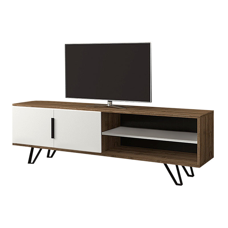 TV Stand AMINA in walnut and white finish, featuring a double-leaf cabinet and two shelves, supported by metal legs.