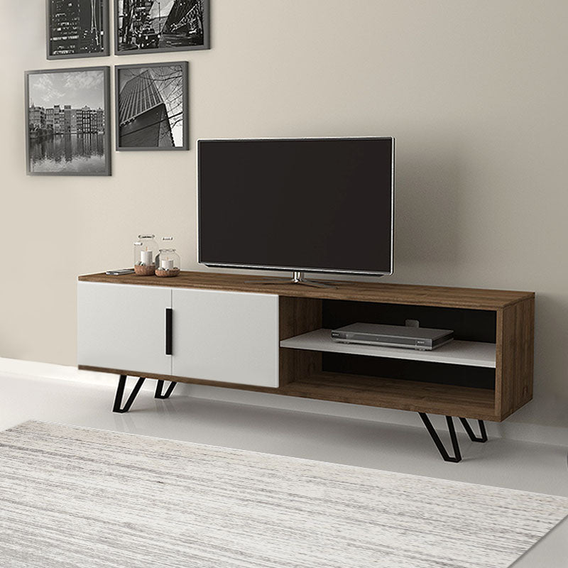 TV Stand AMINA in walnut and white finish, featuring a double-leaf cabinet and two shelves, supported by metal legs.