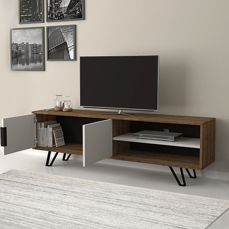 TV Stand AMINA in walnut and white finish, featuring a double-leaf cabinet and two shelves, supported by metal legs.