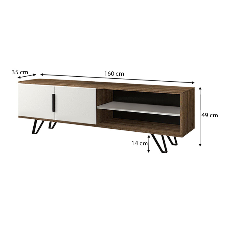 TV Stand AMINA in walnut and white finish, featuring a double-leaf cabinet and two shelves, supported by metal legs.