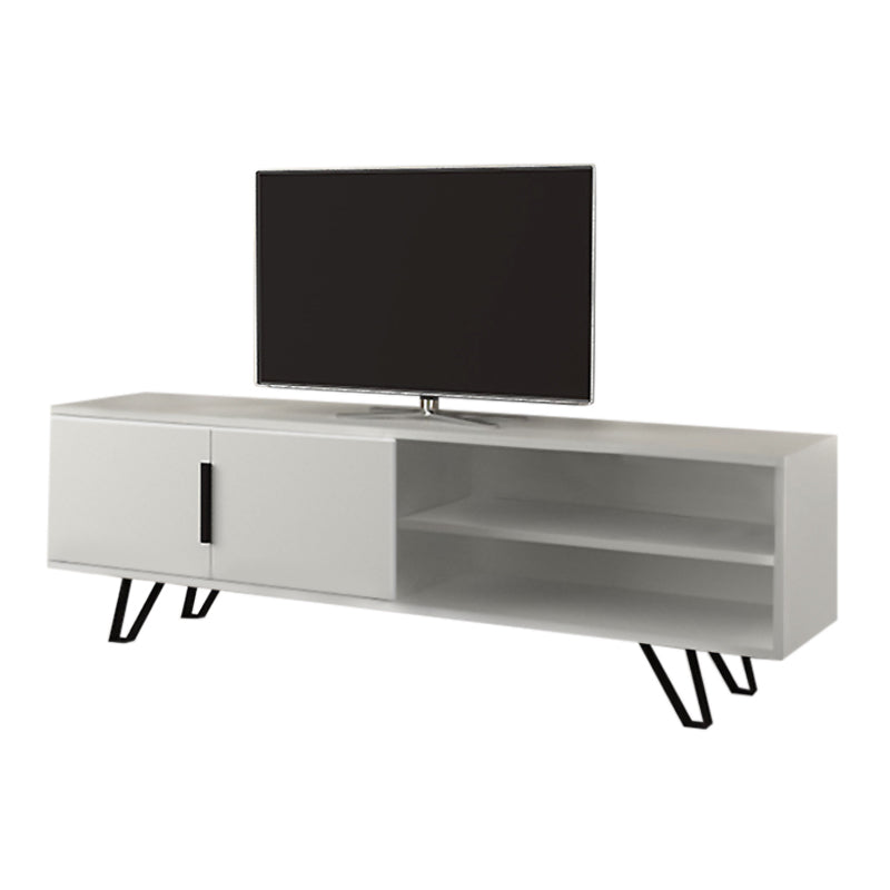 A stylish white TV stand AMINA, measuring 160x35x49cm, featuring a double-leaf cabinet and two shelves, supported by metal legs.