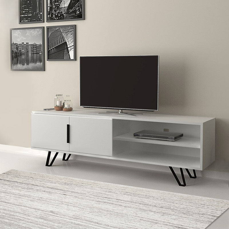 A stylish white TV stand AMINA, measuring 160x35x49cm, featuring a double-leaf cabinet and two shelves, supported by metal legs.