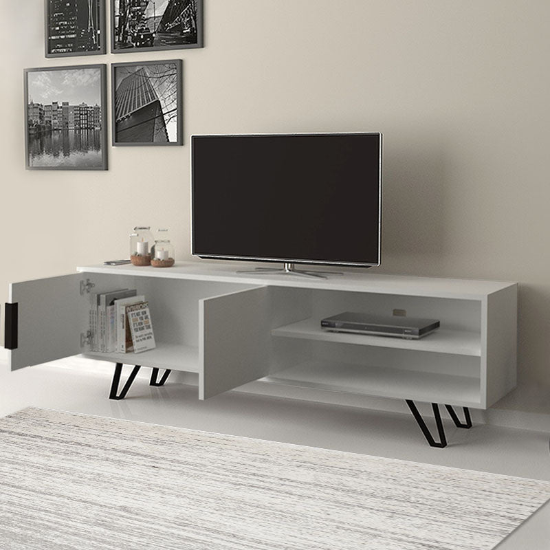 A stylish white TV stand AMINA, measuring 160x35x49cm, featuring a double-leaf cabinet and two shelves, supported by metal legs.