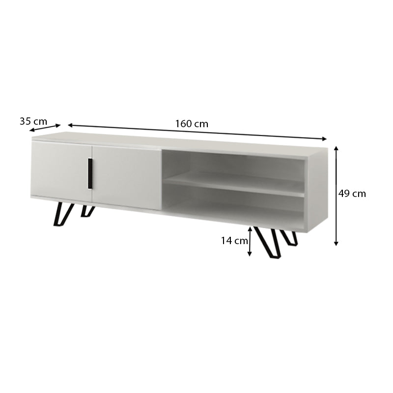 A stylish white TV stand AMINA, measuring 160x35x49cm, featuring a double-leaf cabinet and two shelves, supported by metal legs.