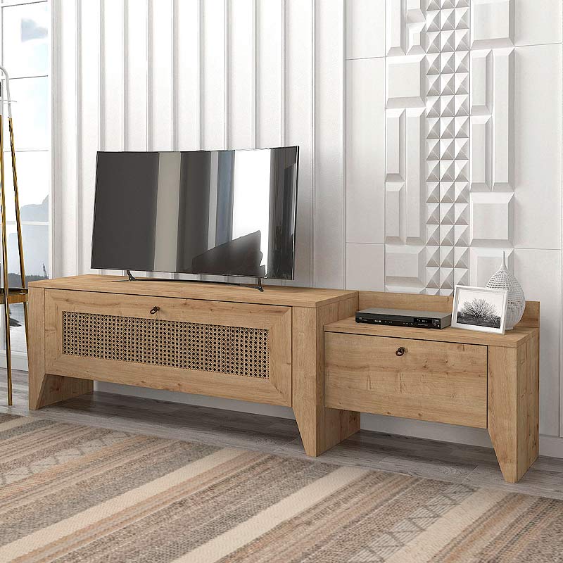 ANDALUSIA TV Stand in sapphire oak, featuring a sleek design and digital printing, dimensions 180x30x50 cm.