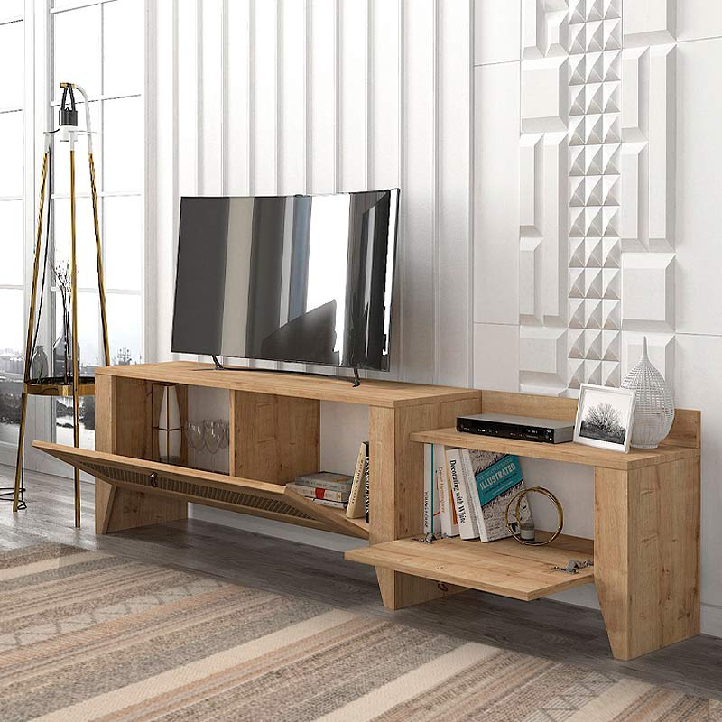 ANDALUSIA TV Stand in sapphire oak, featuring a sleek design and digital printing, dimensions 180x30x50 cm.