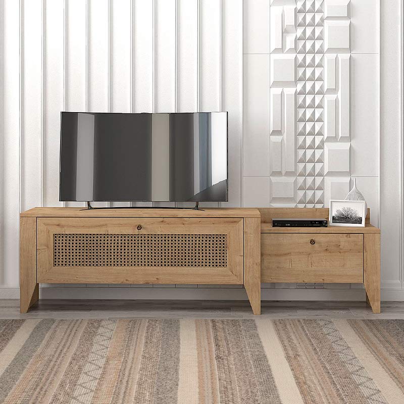 ANDALUSIA TV Stand in sapphire oak, featuring a sleek design and digital printing, dimensions 180x30x50 cm.