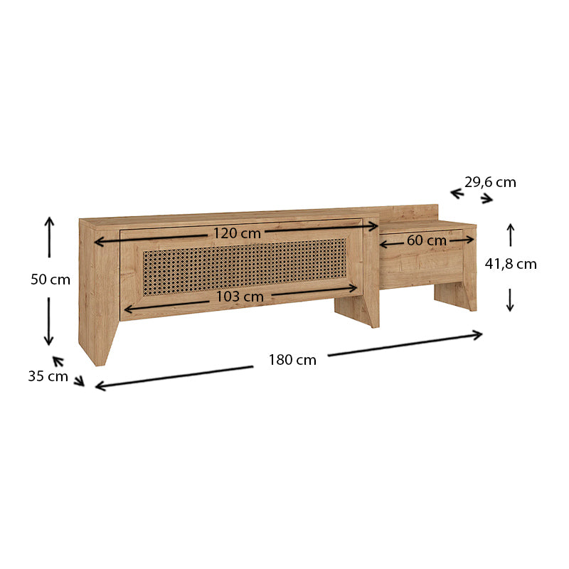 ANDALUSIA TV Stand in sapphire oak, featuring a sleek design and digital printing, dimensions 180x30x50 cm.