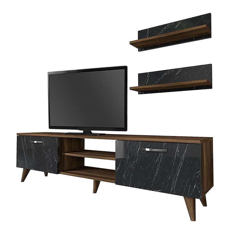 ANGELO TV Stand in walnut color with black marble effect, featuring two wall shelves and modern design.